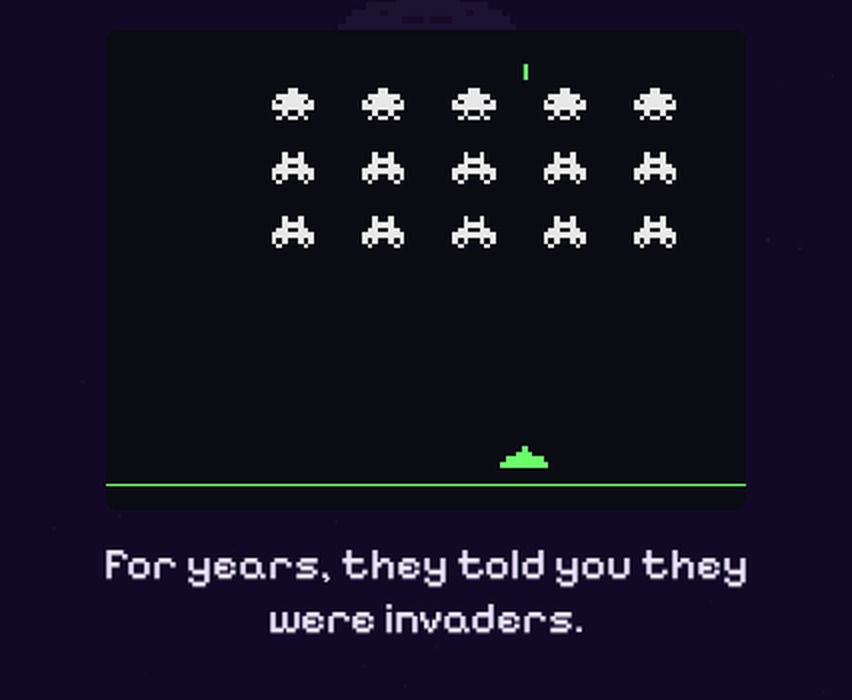 Rows of pixel invaders above a lone ship, from the opening of Furball Fleet