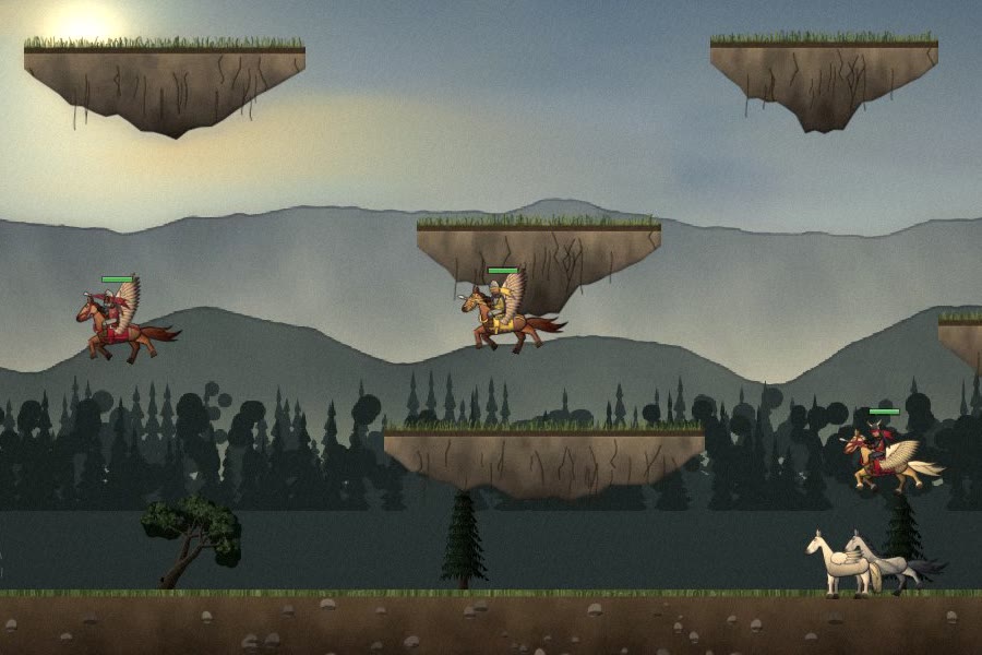 Knights on winged horses jousting between floating rocks