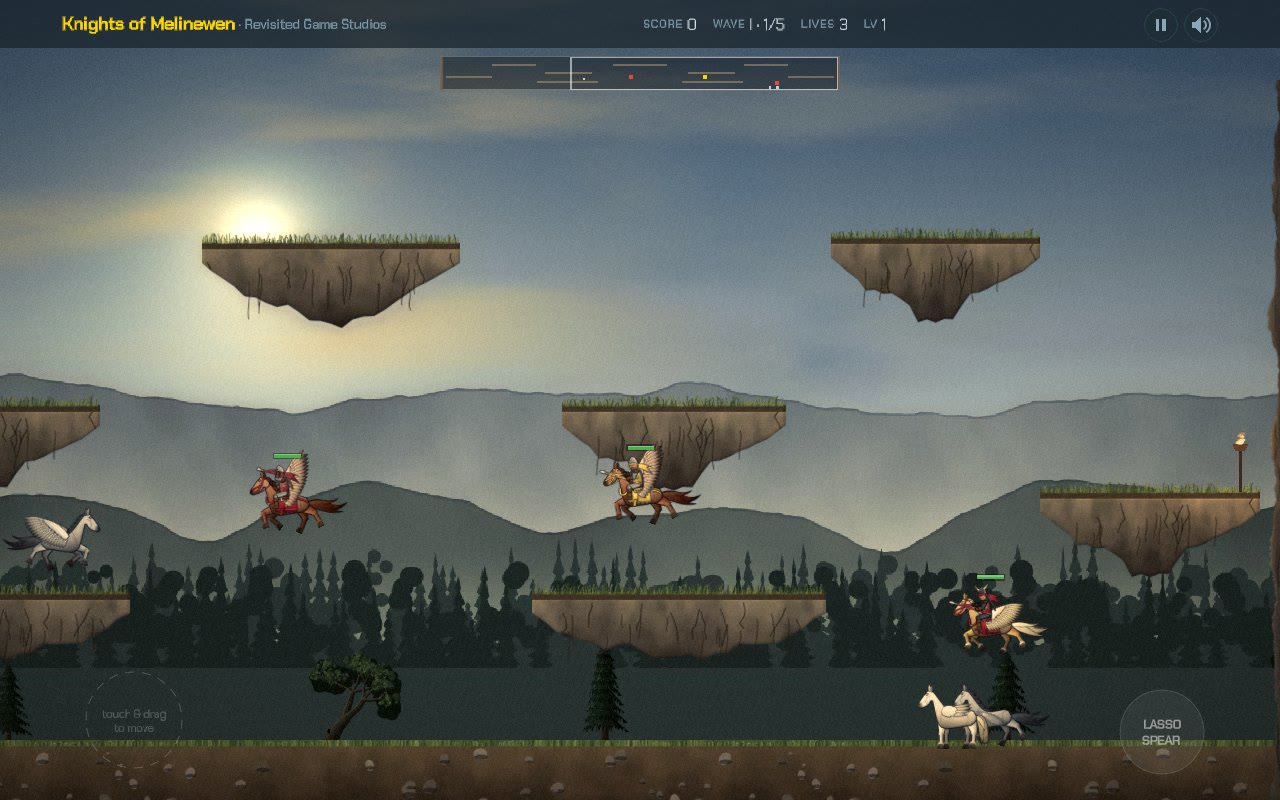 Knights on winged horses jousting between floating rocks, with wild pegasi on the ground below