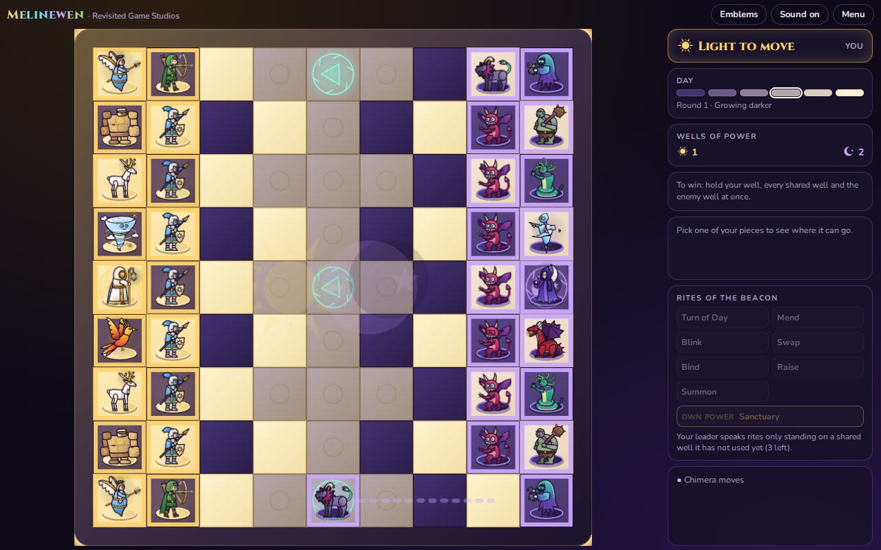 The Melinewen board: the Dawn Host's pieces on golden squares face the Night Court's on violet ones, with the day track, the wells and the leader's rites beside it