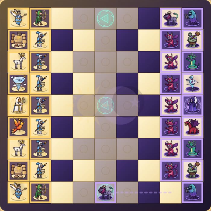 The Melinewen board: golden and violet pieces facing each other across the squares