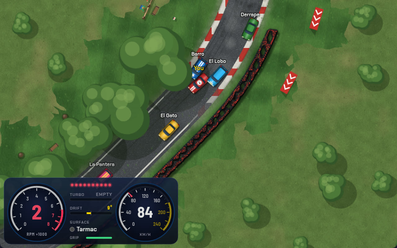 Rally cars bunched into a tarmac bend lined with red and white kerbs, with the rev counter and speedometer in the corner