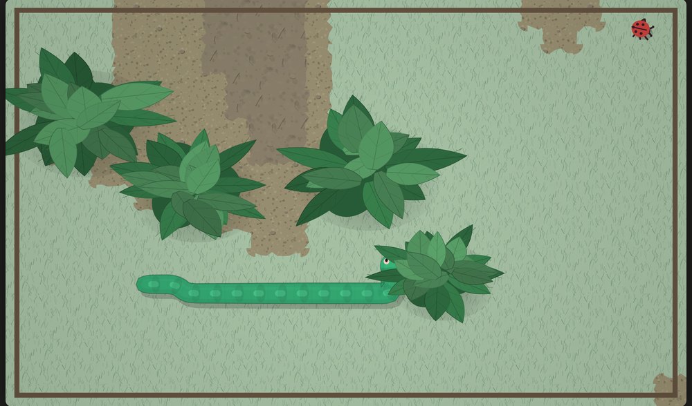 A green serpent sliding under broad painted leaves, with a ladybug in the far corner
